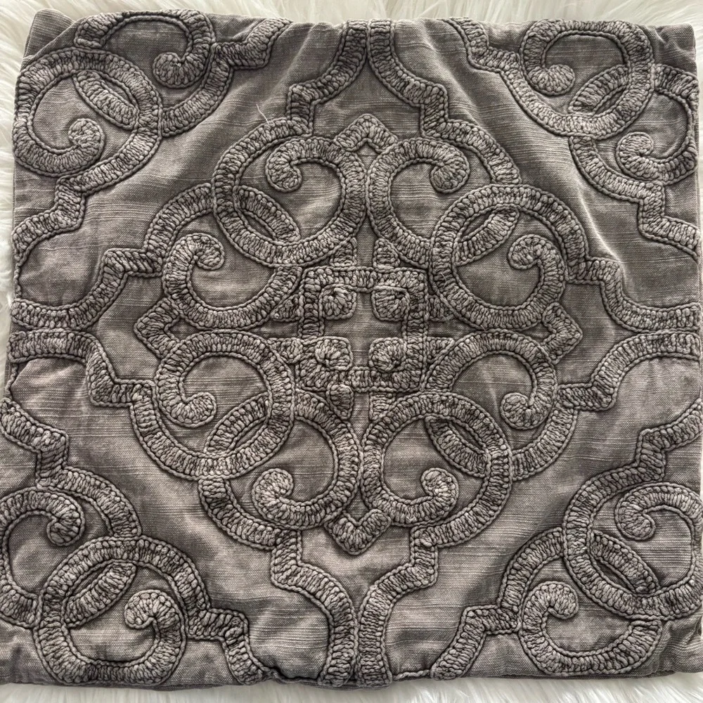 POTTERY BARN DREW Embroidered Gray Pillow Cover